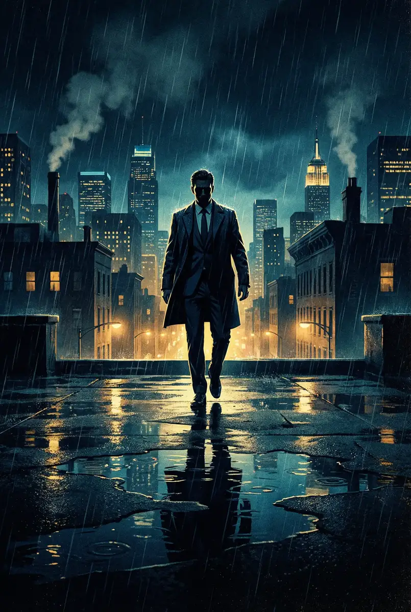 魔性诱惑 出品影片《雨夜独行者》海报，雨中城市屋顶男性剪影